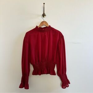 Deep red Mesh striped high neck long sleeve blouse- M
